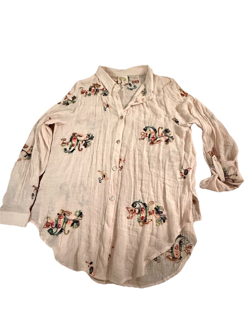 Anthropologie Fig and Flower Embroidered Button up Long Sleeve Size S Cream